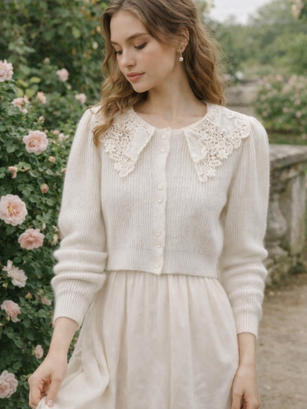 White Lace Collar Cardigan Cottagecore Coquette Ribbed Knit Cropped S - Picture 1 of 5